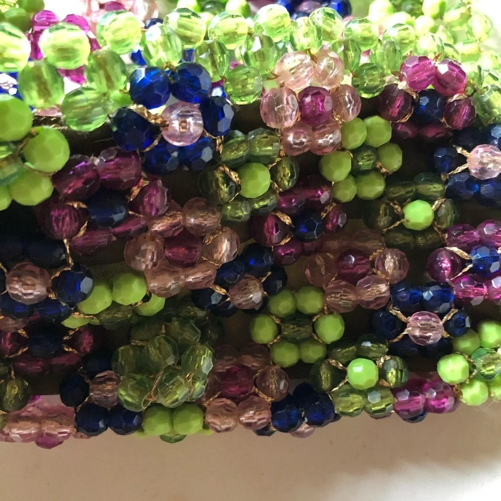 Rare handbeaded Vintage 1970s Saks Fifth ave Italy bead green purple clutch 7”